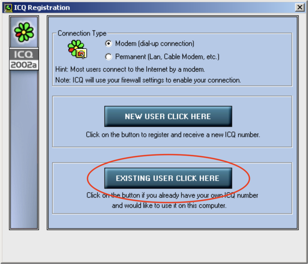 ICQ 2002 - existujici uzivatel