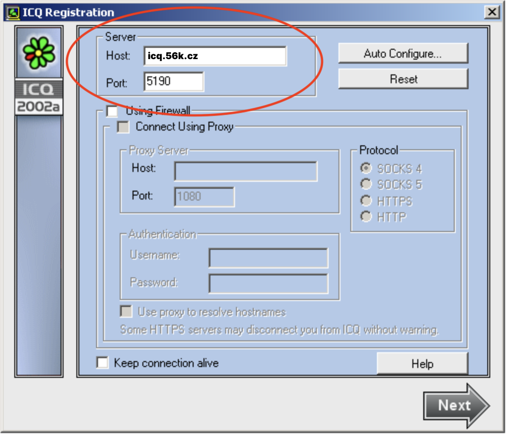 ICQ 2002 - timeout pripojeni